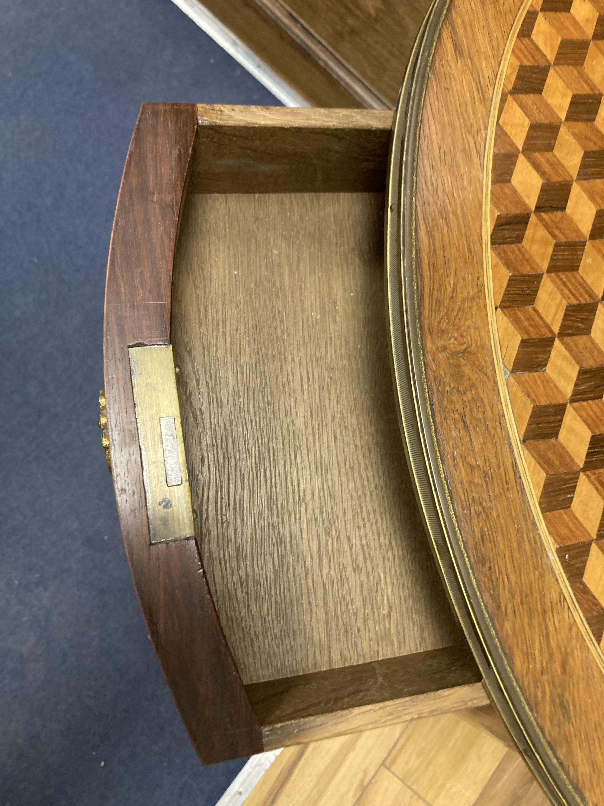 A late 19th century French Louis XV style kingwood, parquetry and ormolu mounted side table, width 49cm, depth 35cm, height 81cm